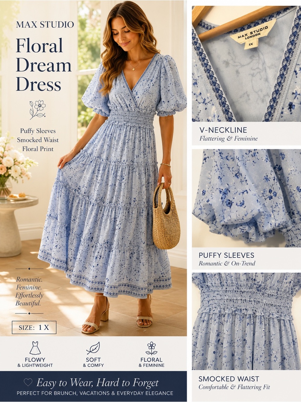 Max Studio Light Blue Floral Maxi Dress with Puff Sleeves